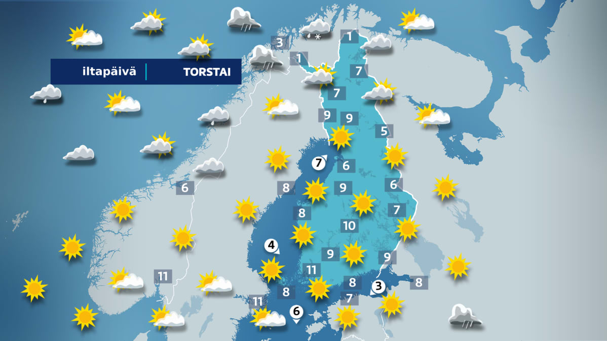 Torstai iltapäivän sääkartta.