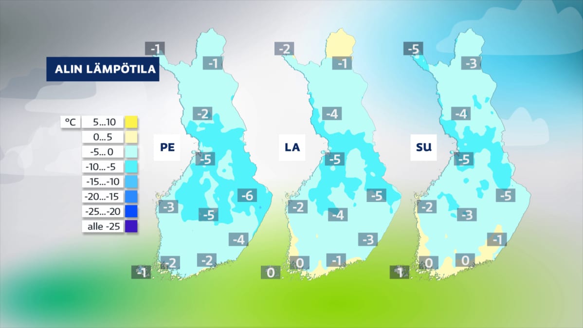 Sääkuva: Loppuviikon yölämpötilat 16.4. – 18.4.2021, lämpötila käy pakkasella koko maassa