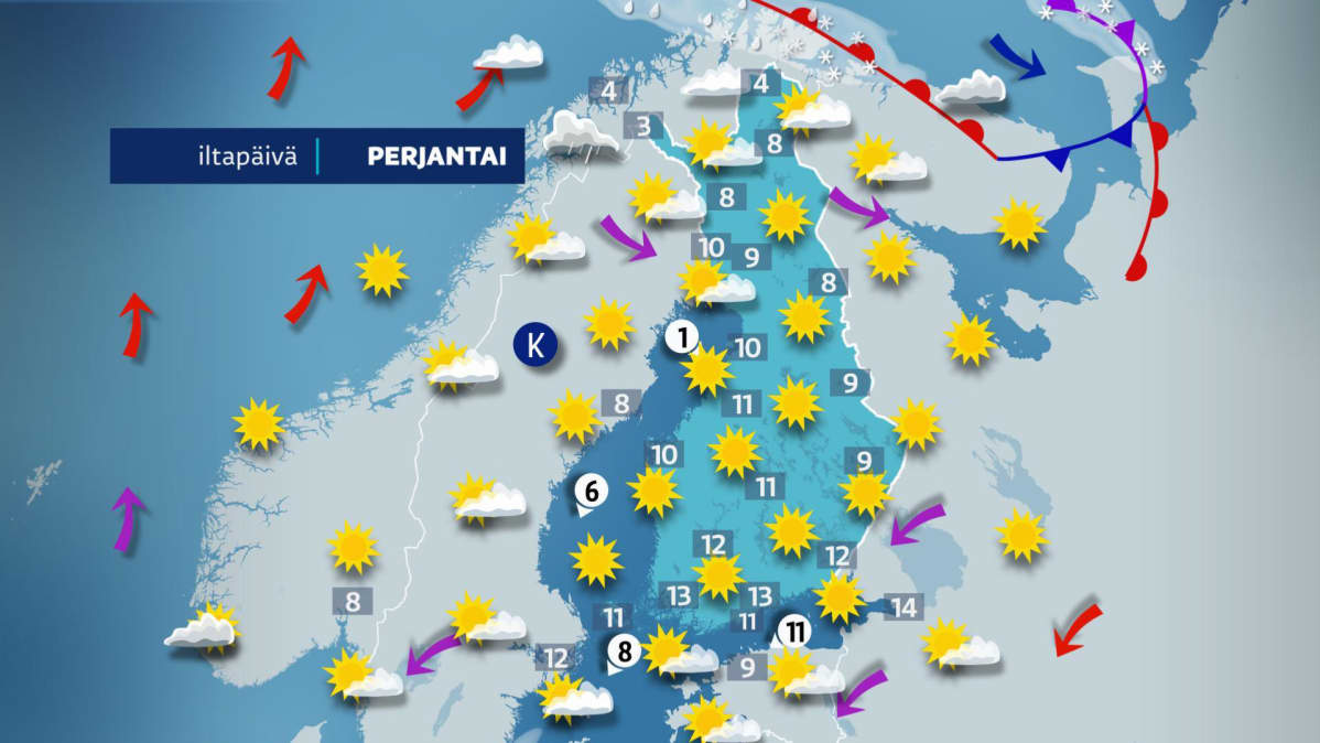 Perjantain sääkartta.