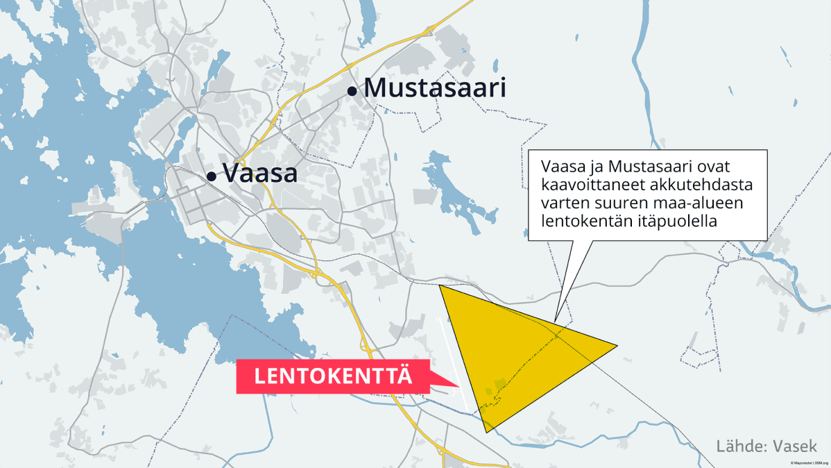 Vaasan ja Mustasaaren alue sekä kaavoitettu alue lentokentän kupeessa.