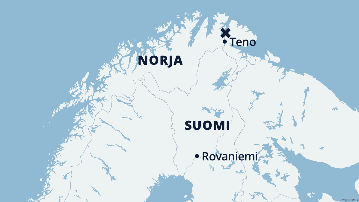 Kartta Pohjois-Suomesta ja Pohjois-Norjasta, johon on merkitty Rovaniemen ja Tenon sijainnit sekä rastilla maanvyörymän paikka.