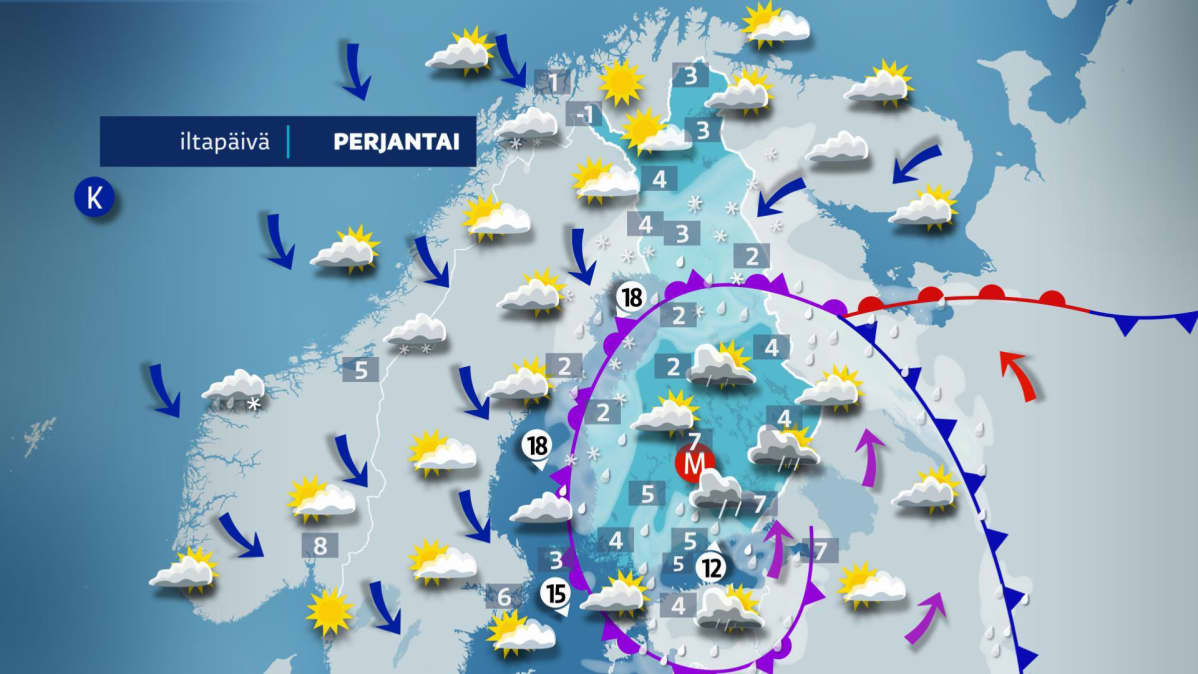 Perjantain sääkartta.