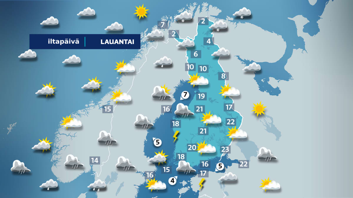 Lauantai iltapäivän sääkartta.