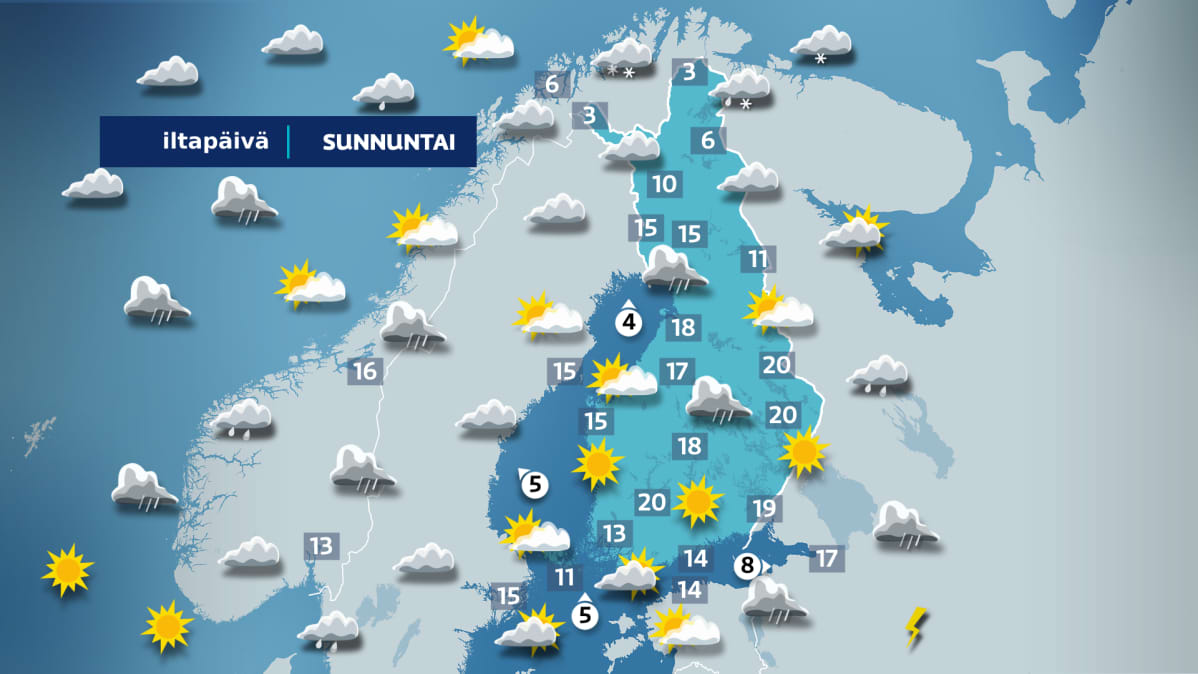 Sunnuntai iltapäivän sääkartta.