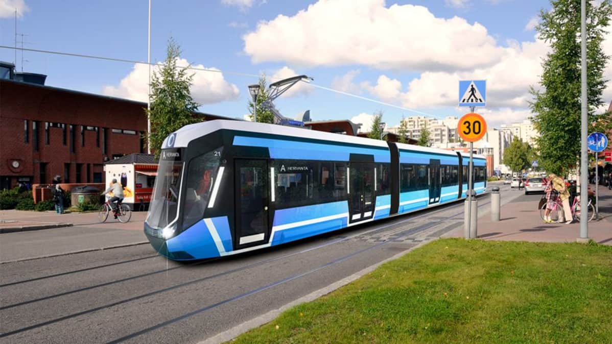 Havainnekuva, jossa raitiovaunu Hervannassa Insinöörinkadulla.