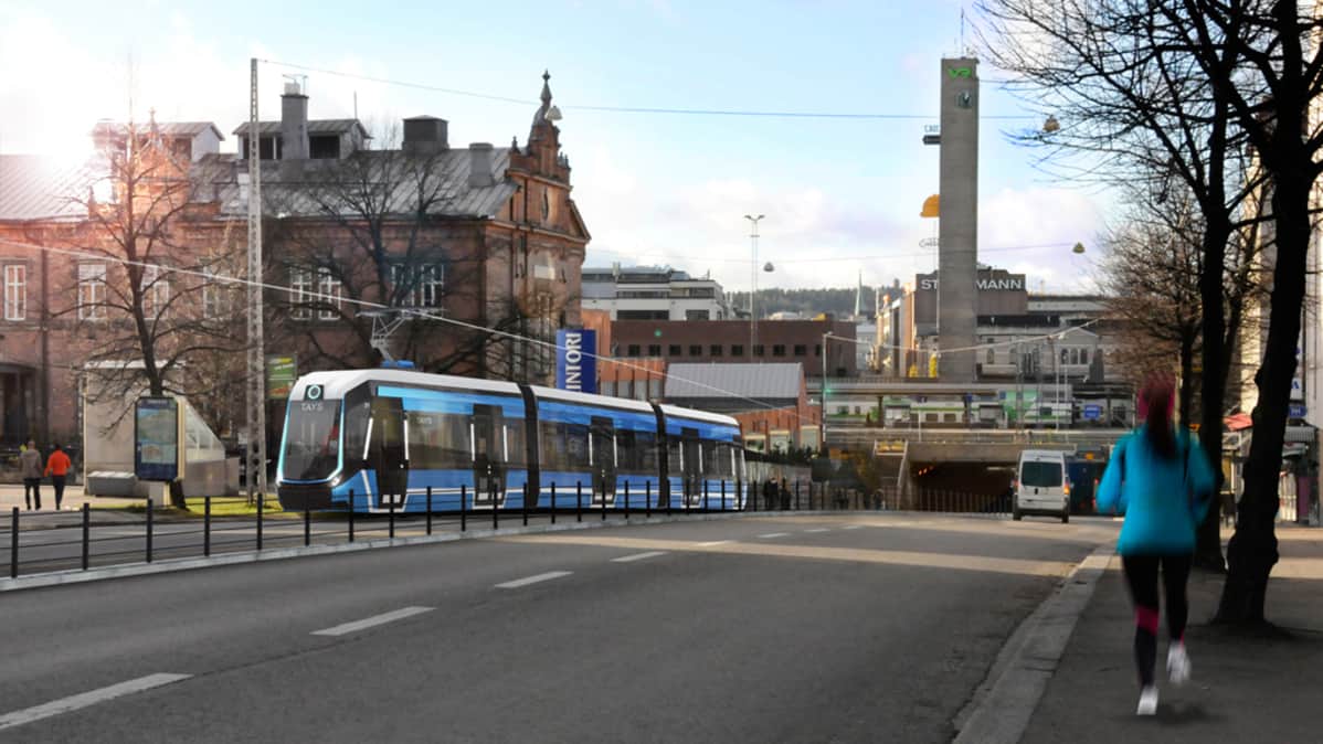 Havainnekuva, jossa raitiovaunu Itsenäisyydenkadulla.
