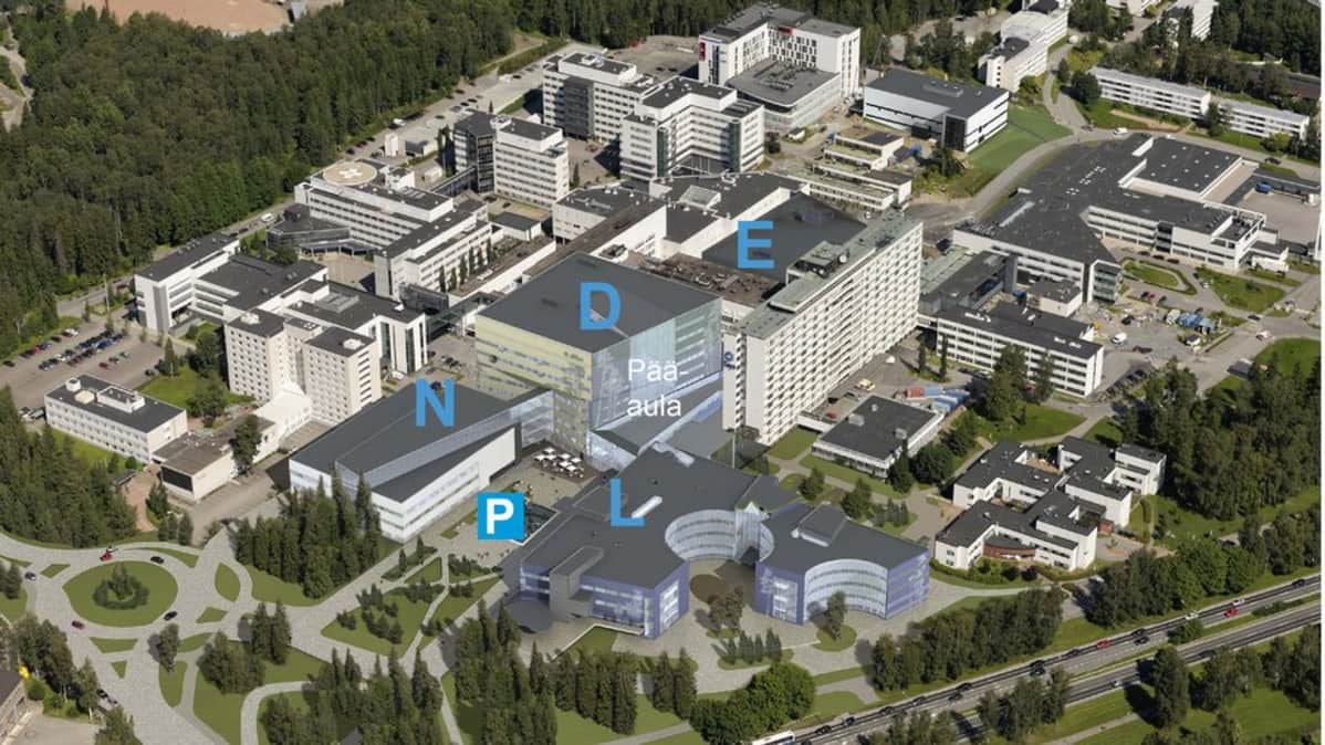 Havainnekuva Taysin alueesta ja suunnitelluista uudisrakennuksista.
