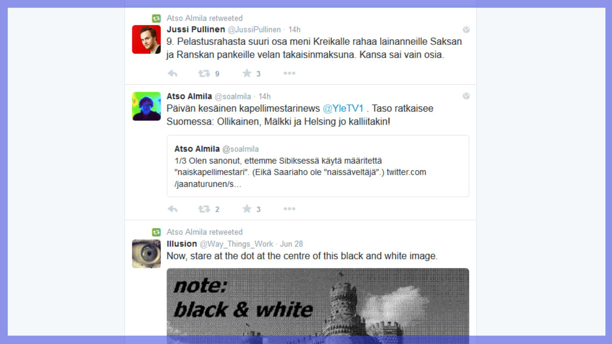 Kuvakaappaus Atso Almilan twiitistä.