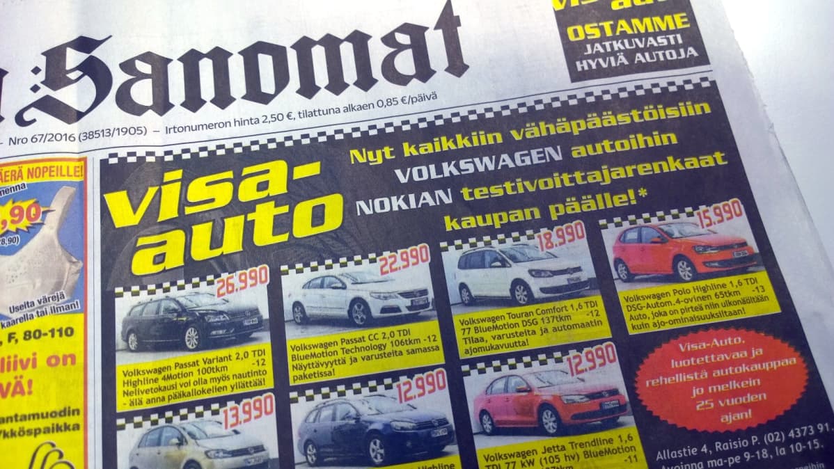 Visa-auton mainos Turun Sanomissa tiistaina 8. maaliskuussa 2016.