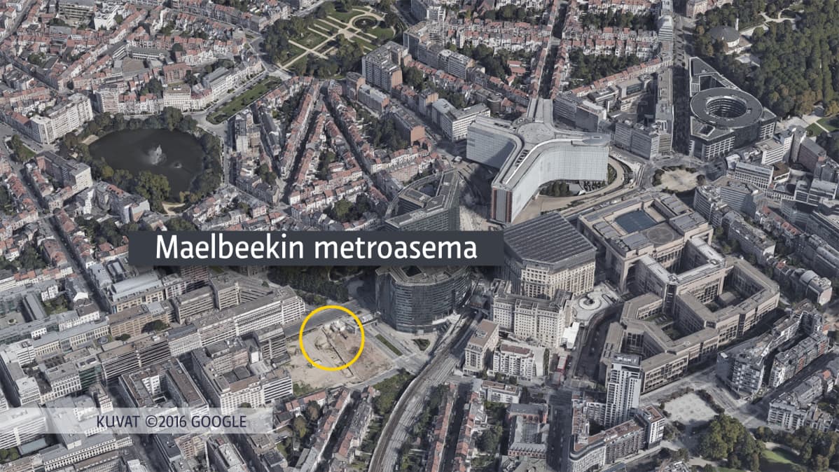 Ilmakuvakartta Maelbeekin metroaseman sijainnista.