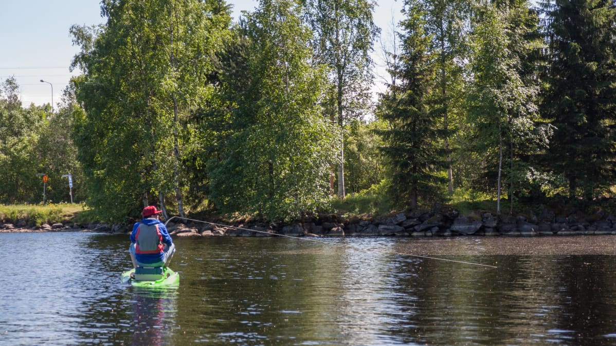 Kajaanilainen SUP-yrittäjä Jyrki Vahlamo kalastaa laudalla.