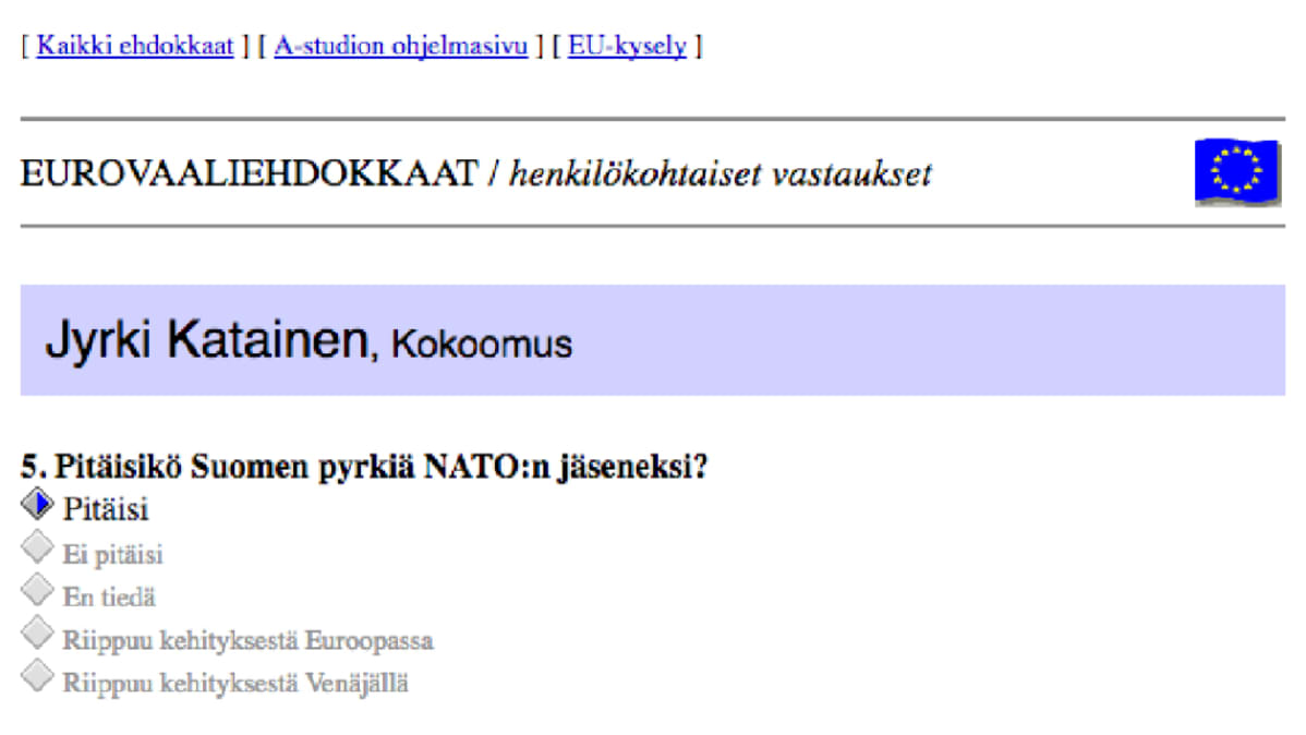 Kuvakaappaus Jyrki Kataisen vastauksesta kysymykseen; Pitäisikö Suomen pyrkiä NATO:n jäseneksi?