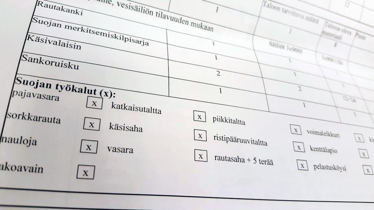 Lomake, jossa listataan mitä tarvikkeita väestönsuojassa tulisi olla.