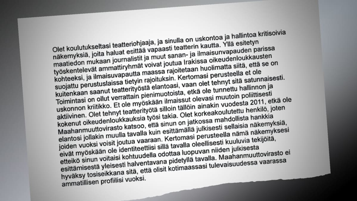 Tekstikappale Maahanmuuttoviraston kirjeestä irakilaiselle turvapaikanhakijalle.