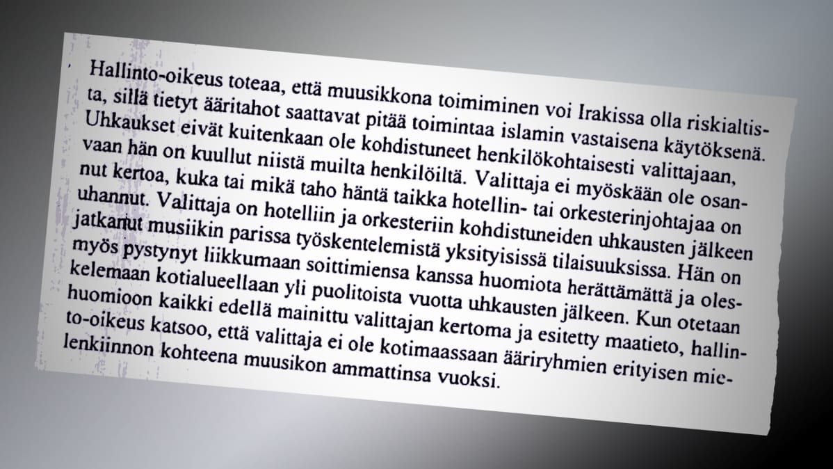 Tekstikappale Maahanmuuttoviraston kirjeestä irakilaiselle turvapaikanhakijalle.