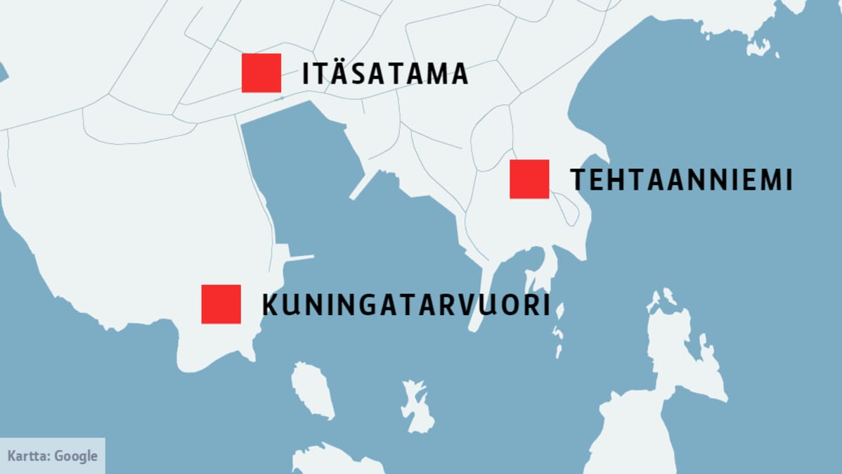 Kartta, jossa Itäsatama, Tehtaanniemi ja Kuningatarvuori.
