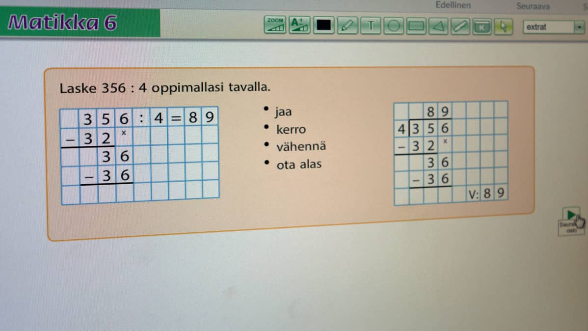 Sähköisessä oppimateriaalissa kaksi tapaa laskea jakolaskua.