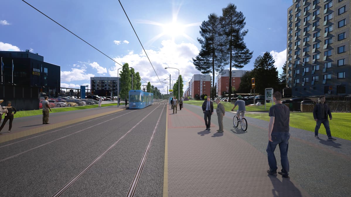 Havainnekuva ratikasta Tampereen Insinöörinkadulla.