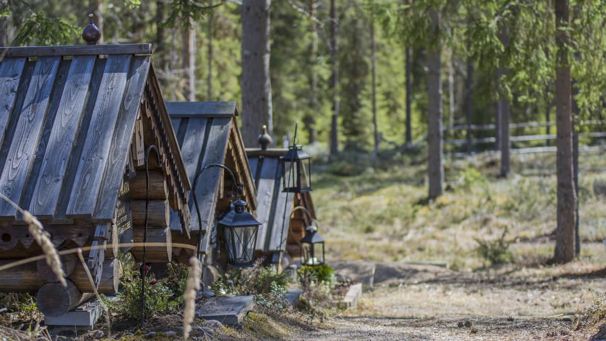 Hirsimökkejä eli grobuja Kajaanin ortodoksisella hautausmaalla.