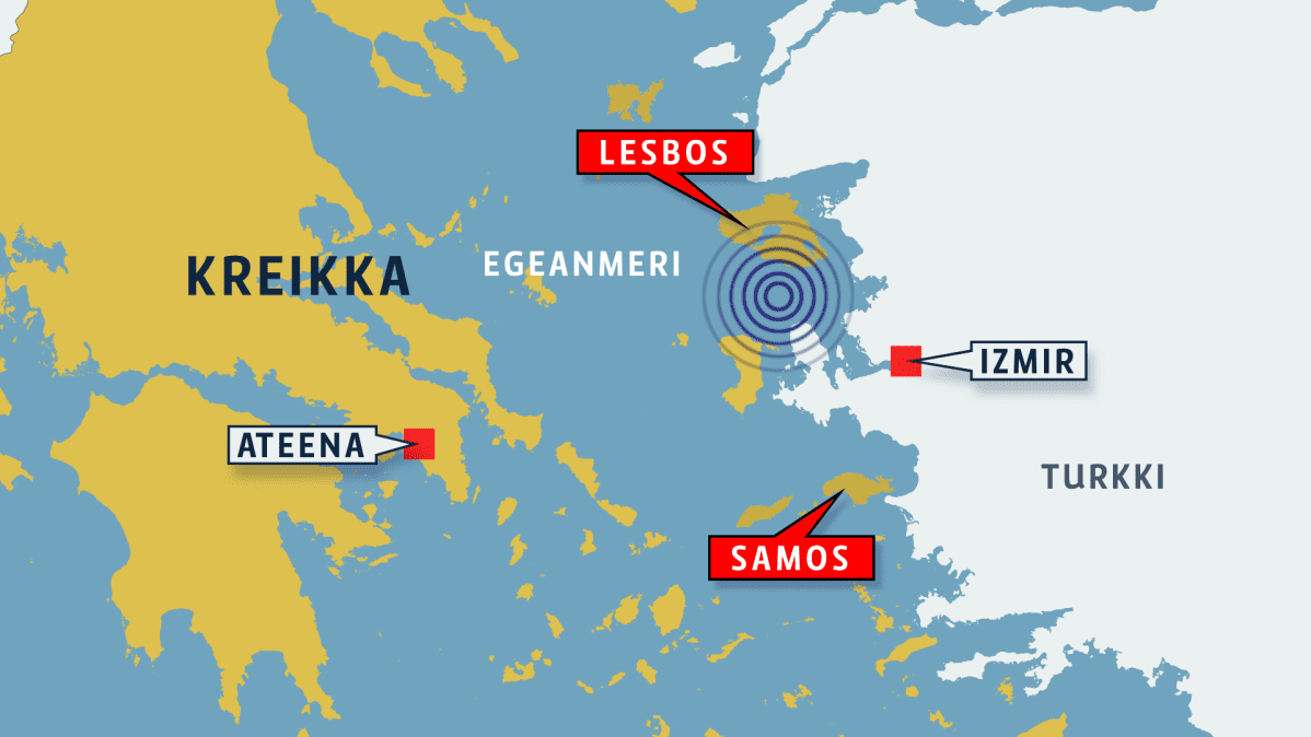 egeanmeri kartta Turkin ja Kreikan välisellä Egeanmerellä maanjäristys – yksi kuoli 