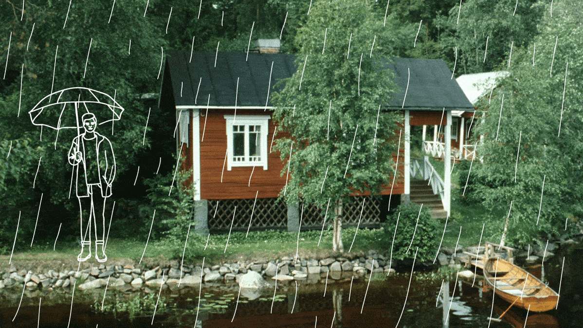 Mökillä sataa vettä.
