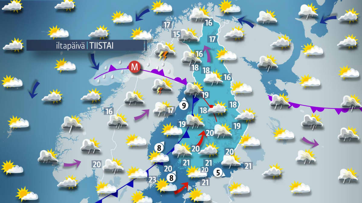 Sääkartta tiistaille 8. elokuuta.