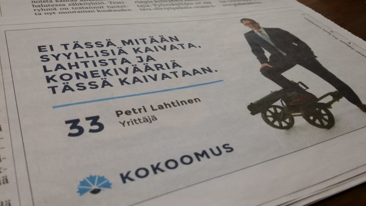 Satakunnan Kansassa ilmestynyt vaalimainos kuntavaaleissa 2017, Petri Lahtinen (kok.) kokoomus yrittäjä konekivääri mainonta