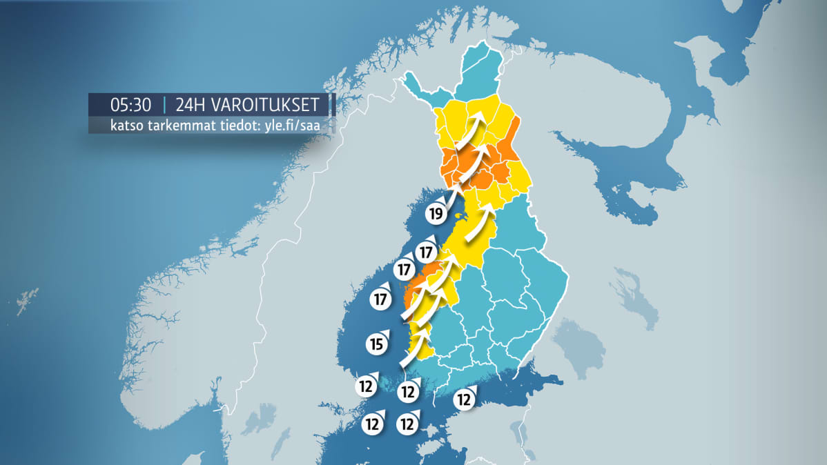 Varoituskartta koko Suomen alueelle 20. elokuuta.