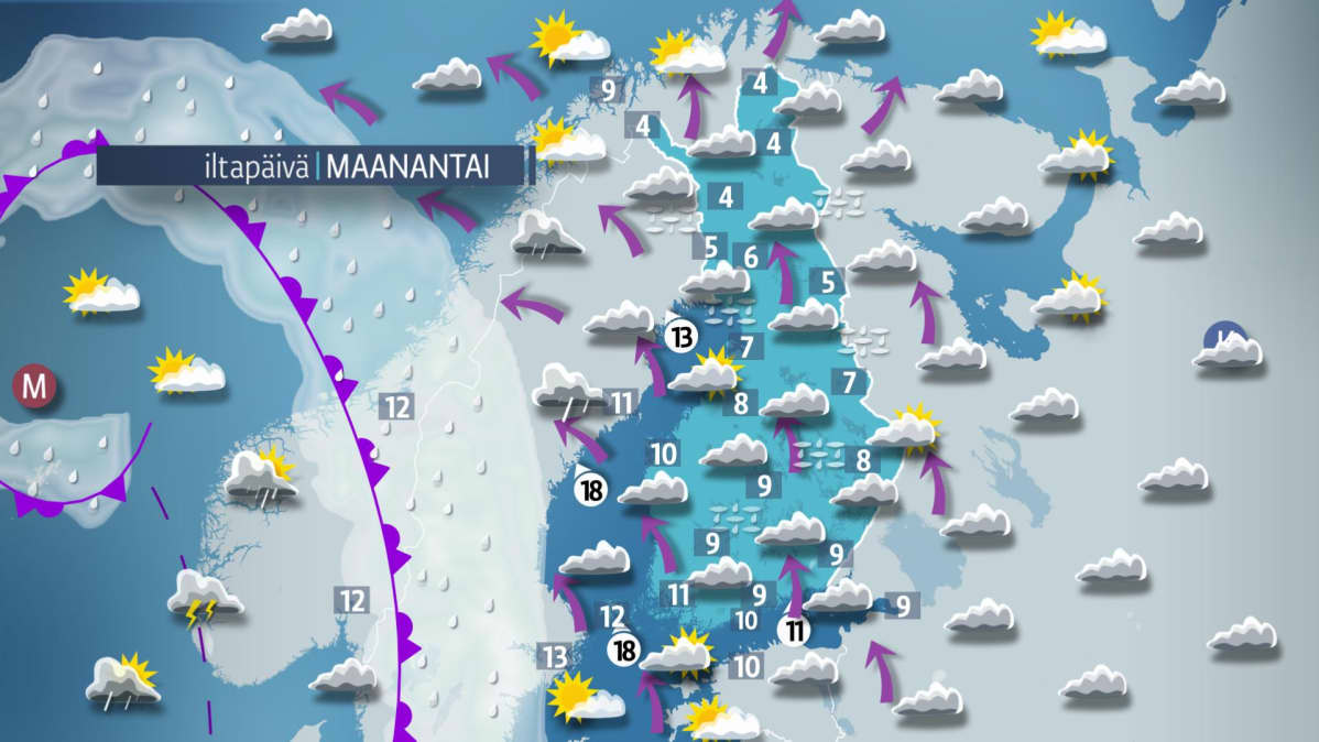 Sääkartta maanantaille 2. lokakuuta.