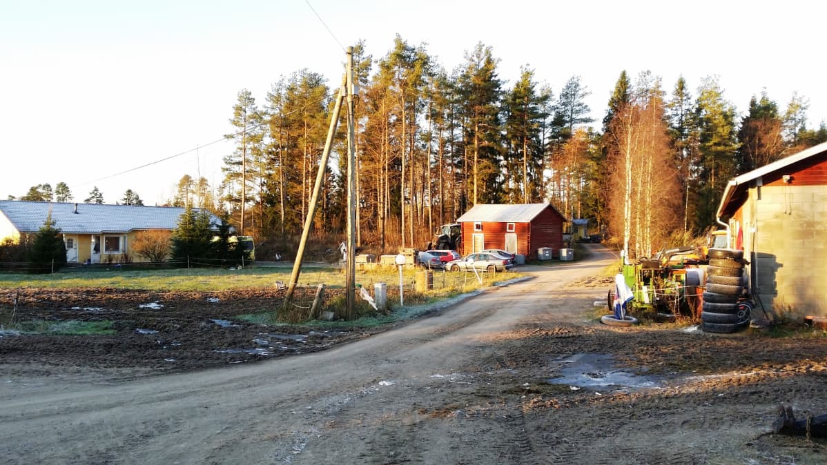 Hiekkatie, jonka varressa muutama rakennus