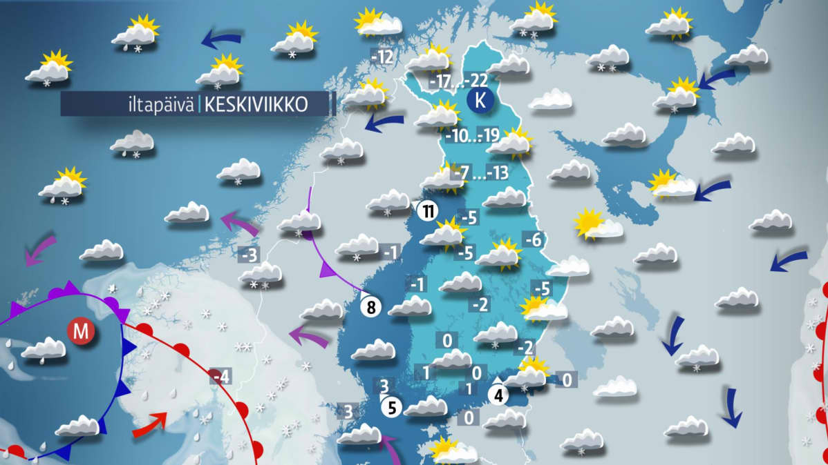 Sääennuste keskiviikolle 22. marraskuuta.