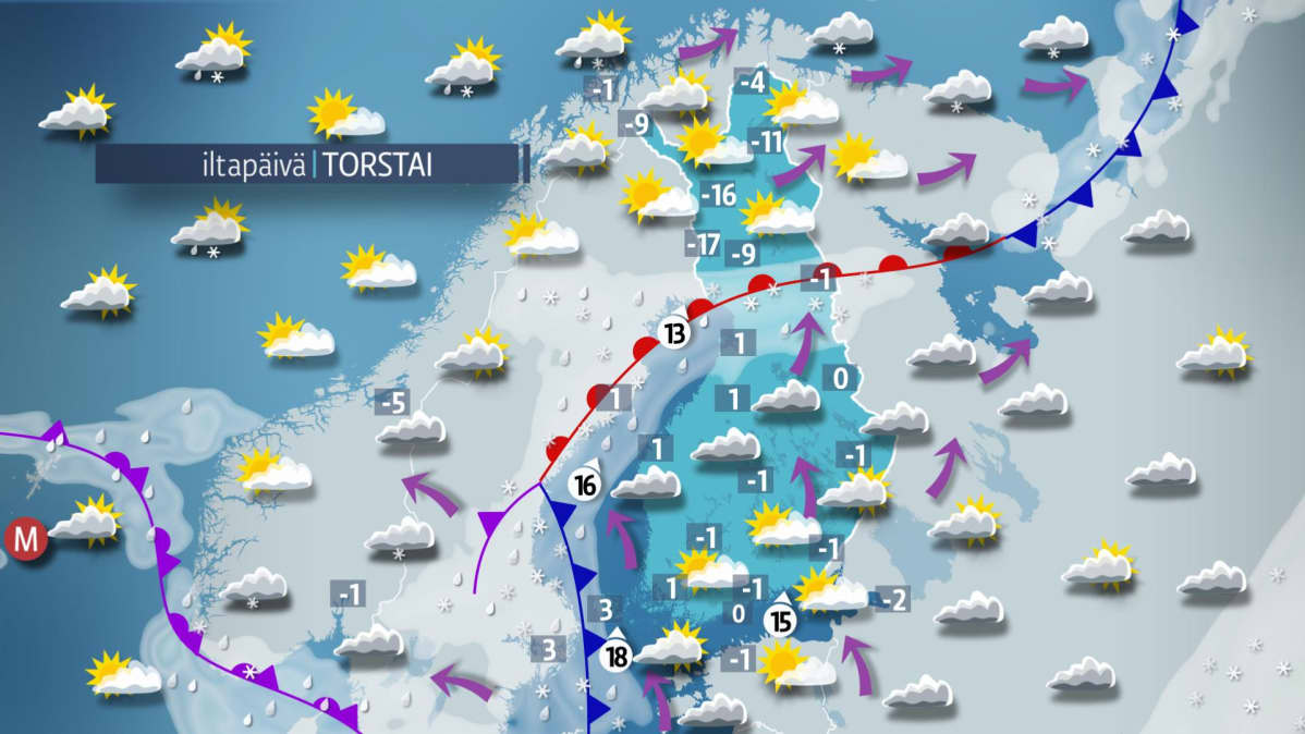 Sääkartta torstaille 14. joulukuuta.