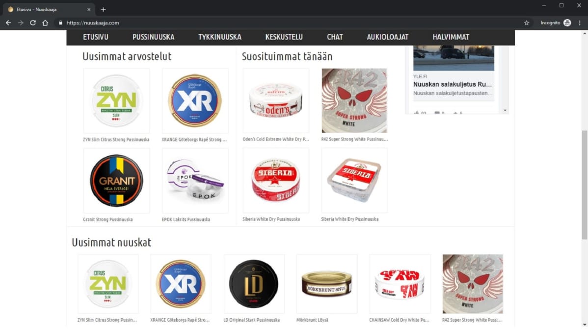 Ruutukaappaus nuuskaaja.com-sivustolta 23.8.2019. Kuvassa "Suosituimmat tänään" osiossa nuuskia, joissa nikotiinia yli 20mg/g.