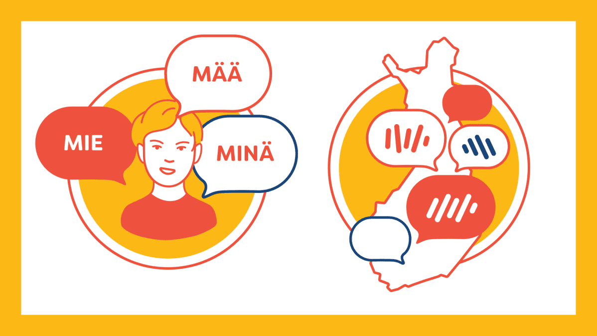 Graafinen kuva: Ihmishahmo sanoo mää / mie / minä. Vieressä Suomen kartalla näkyy erilaisia puhetapoja kuvaavia puhekuplia.