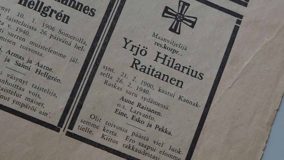 Lehti-ilmoitus maanviljelijä Yrjö Koskisen kuolemasta.