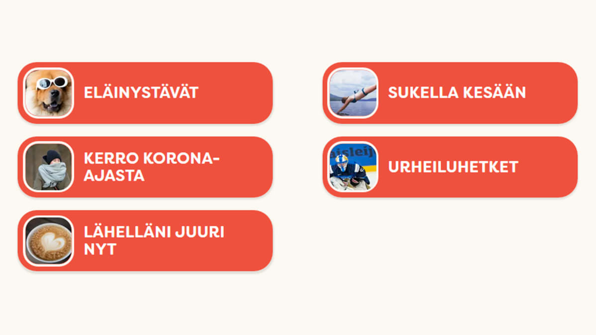 Kuvakaappaus Lahjoita puhetta -sivulta: Valittavien aiheiden lista.