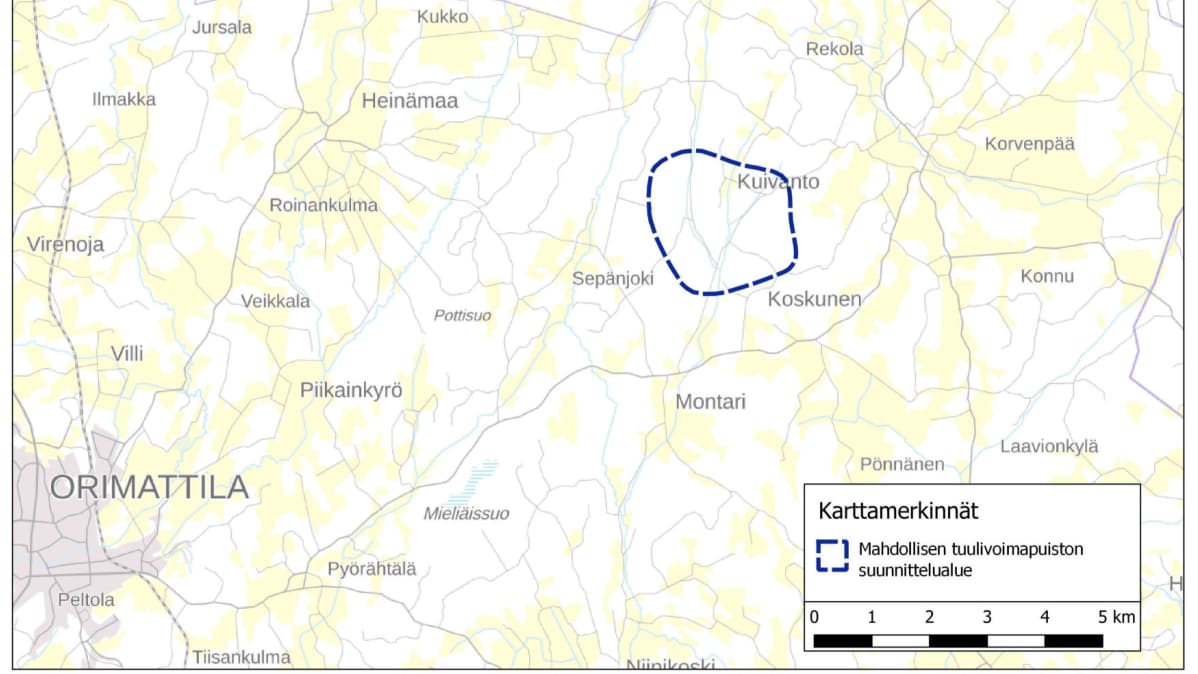 Kartassa ympyröitynä Orimattilaan suunnitteilla oleva tuulivoimapuisto