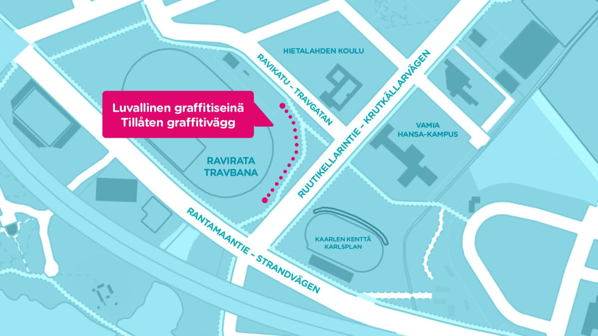 Havainnekarttakuva Vaasan raviradan aidan sijainnista