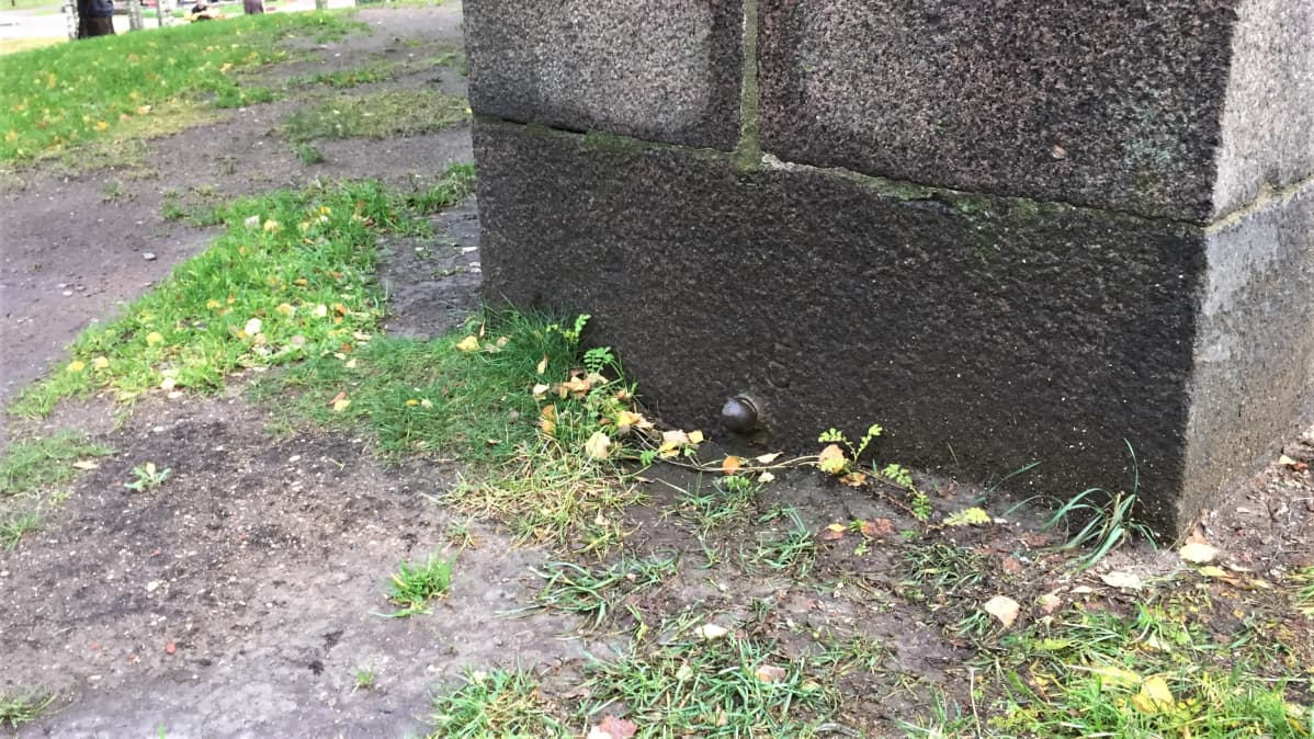 Metallinen korkeuskiintopiste Kellotapulin perustuksessa Lappeenrannassa.