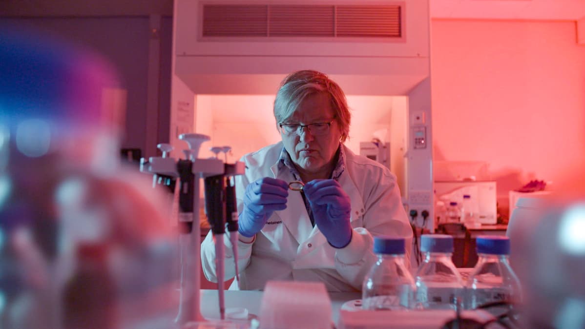 Dna-tutkija Jari Louhelainen tarkastelee laboratorionäytettä.