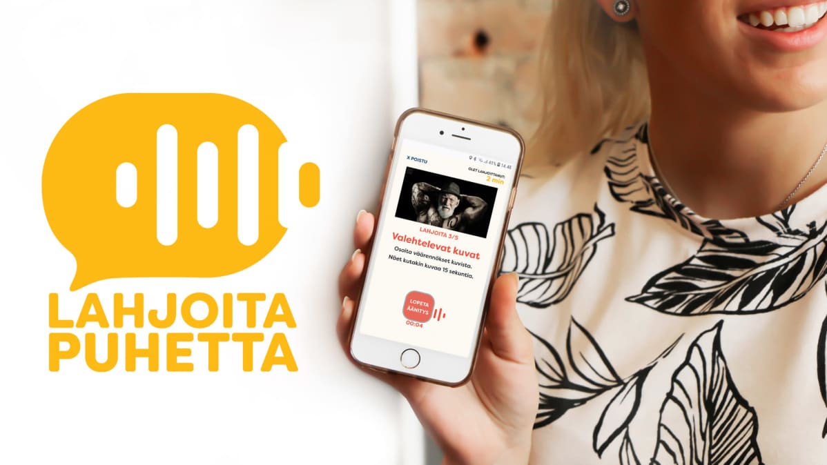 Nuori nainen pitelee puhelinta, jolla näkyy Lahjoita puhetta -keräyksen yksi tehtävä. Kuvassa myös hankkeen nimi ja logo.