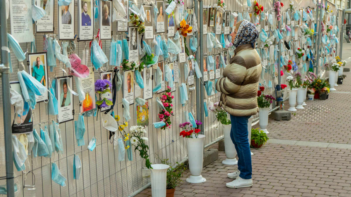 Aita, johon on kiinnitetty koronaan kuolleen hoitohenkilökunnan muistolaattoja.