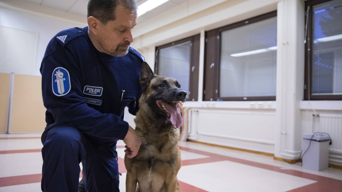 Poliisi ja poliisikoira.