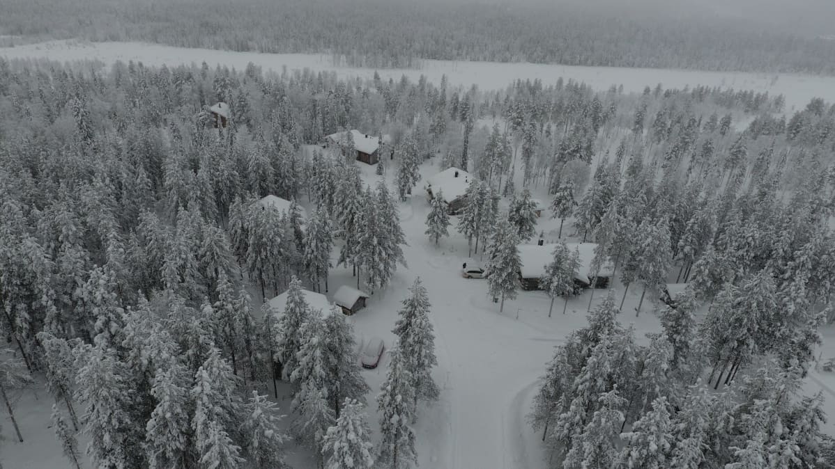 Mökkejä talvisen metsän keskellä ilmasta otetussa kuvassa.