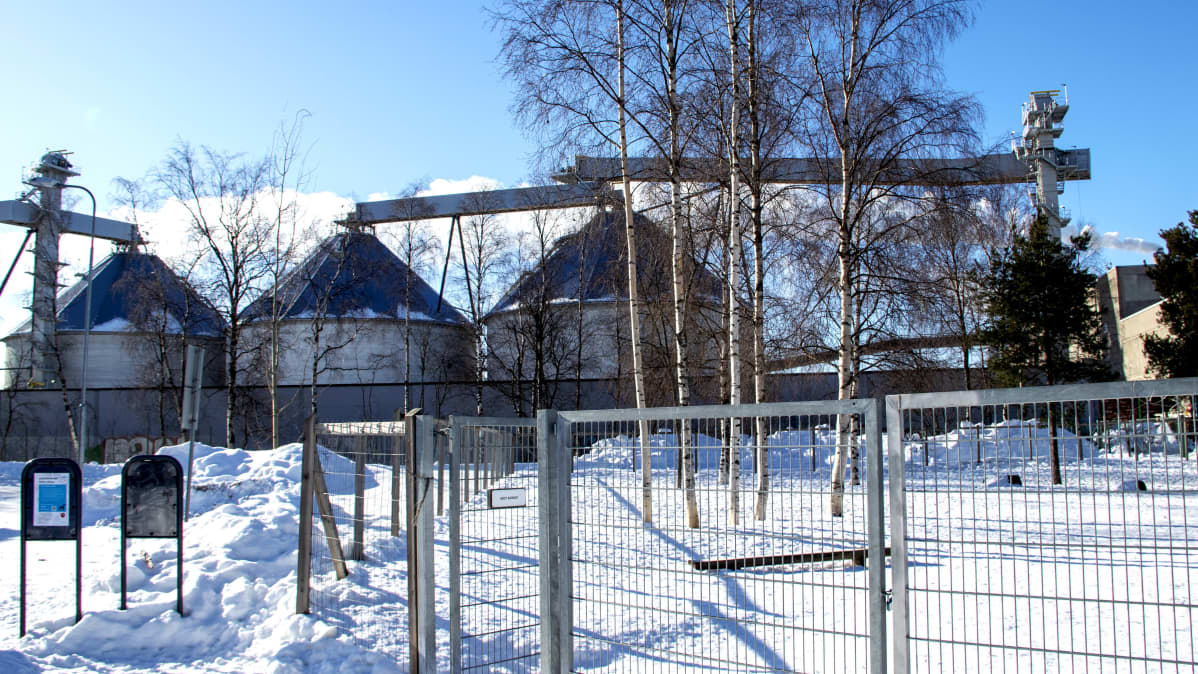 Stora Enson Oulun tehtaan siiloja koirapuiston takana talvella.