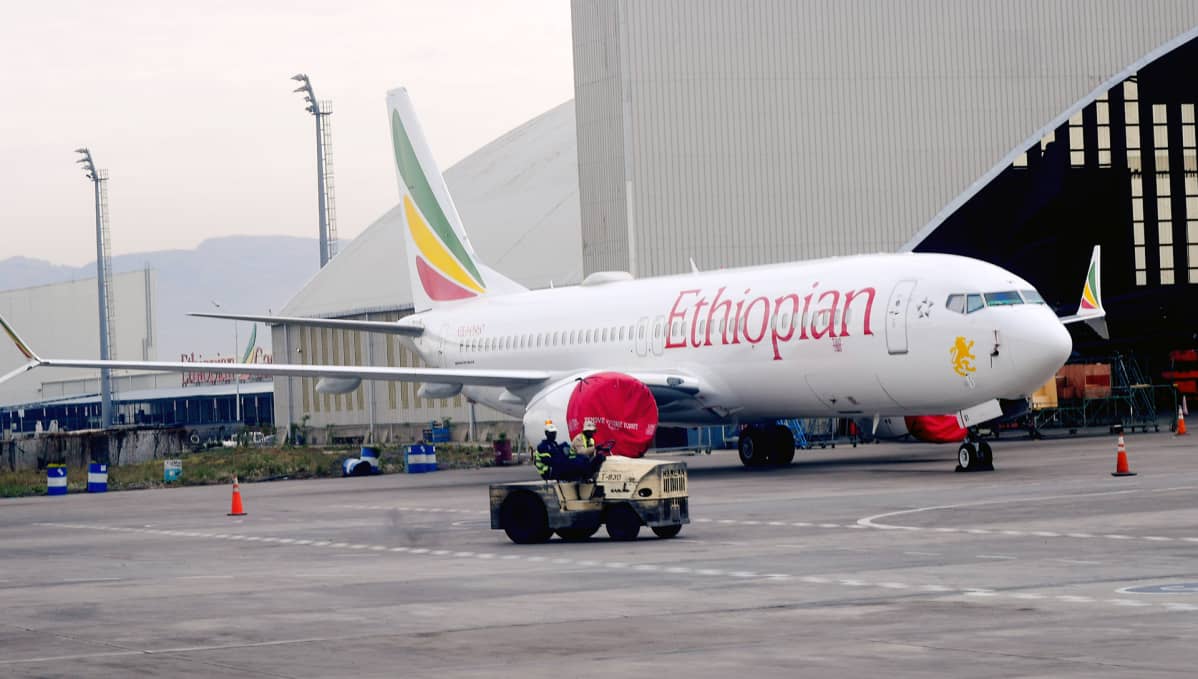 Ethiopian Airlines Boeing 737 Max -konetyypin lentokone Bolen kansainvälisellä lentokentällä Addis Ababaissa