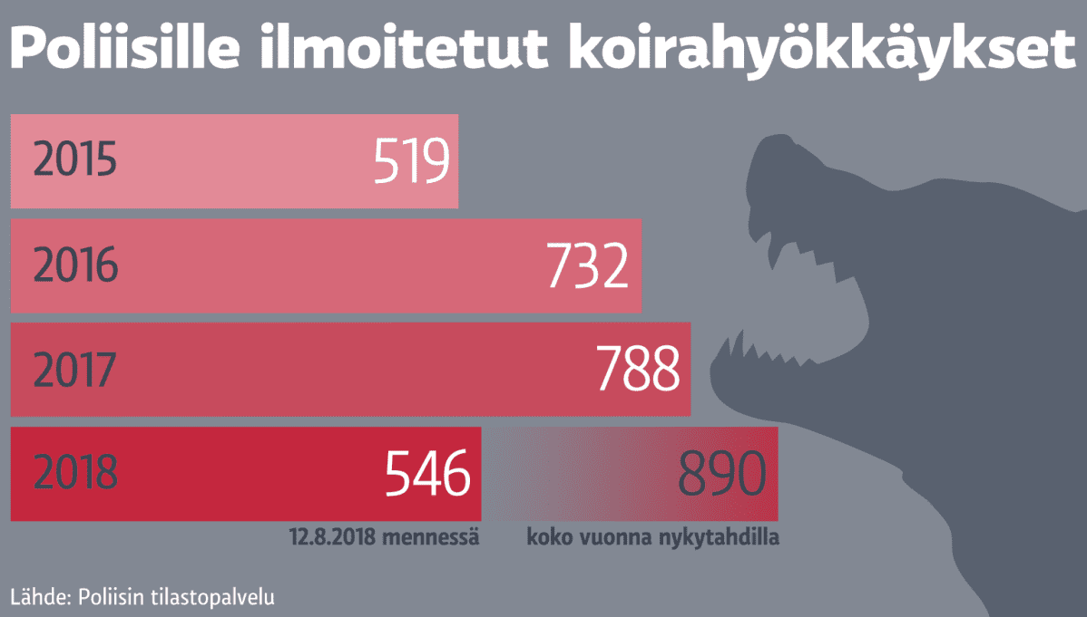 Poliisille ilmoitetut koirahyökkäykset
Vuonna 2015 hyökkäyksiä oli 519.
Vuonna 2016 hyökkäyksiä oli 732.
Vuonna 2017 hyökkäyksiä oli 788.
Vuonna 2018 elokuun 12. päivään mennessä hyökkäyksiä oli 546.
Jos sama tahti jatkuu, vuonna 2018 hyökkäyksiä on yhteensä 890.