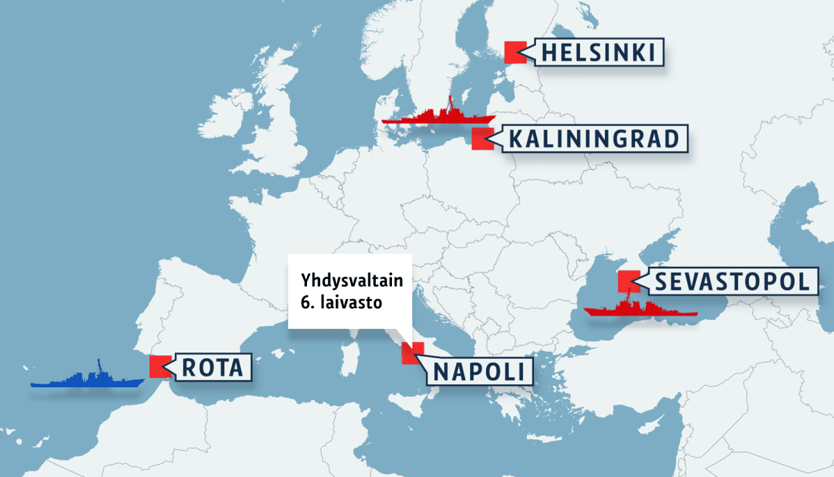Kartta sota-aluksista Euroopan alueella
