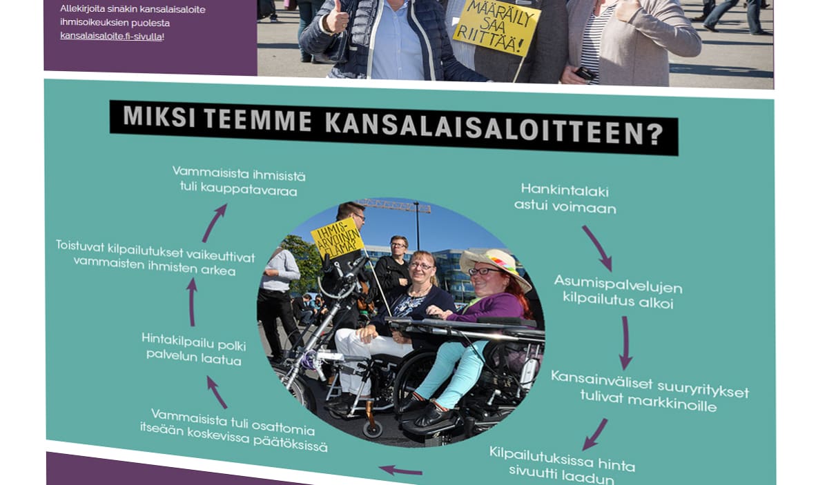 Kuvakaappaus Ei myytävänä! -kansalaisaloitteen nettisivulta: Kaavio, jossa selvitetään "miksi teemme kansalaisaloitteen?"