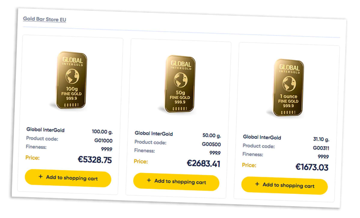 Kuvakaappaus Global Intergoldin verkkokaupasta.